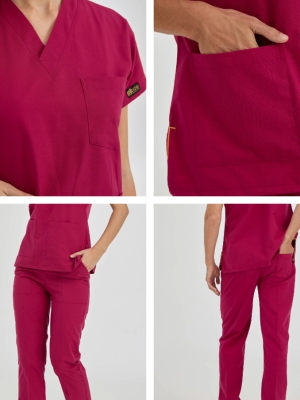 Vişne Dr. Greys Doktor Hemşire Medikal Scrubs Takım Terikoton Kumaş