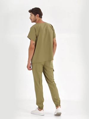 Haki Basic Doktor Hemşire Medikal Scrubs Takım Lüks Likralı Kumaş