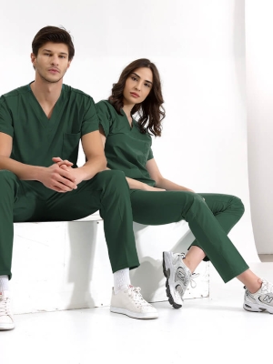 Avcı Yeşili Dr. Greys Doktor Hemşire Medikal Scrubs Takım Lüks Likralı Kumaş
