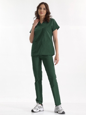 Avcı Yeşili Dr. Greys Doktor Hemşire Medikal Scrubs Takım Lüks Likralı Kumaş