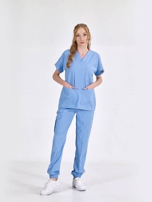 Açık Mavi Jogger Doktor Hemşire Medikal Scrubs Takım Lüks Likralı Kumaş