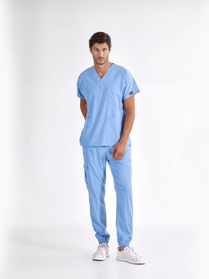 Açık Mavi Jogger Doktor Hemşire Medikal Scrubs Takım Lüks Likralı Kumaş
