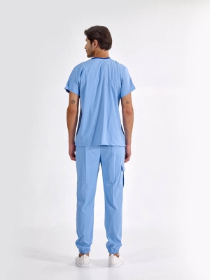 Açık Mavi Jogger Doktor Hemşire Medikal Scrubs Takım Lüks Likralı Kumaş