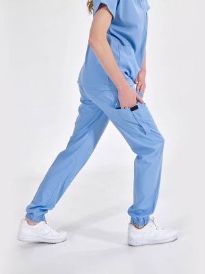 Açık Mavi Jogger Doktor Hemşire Medikal Scrubs Takım Lüks Likralı Kumaş