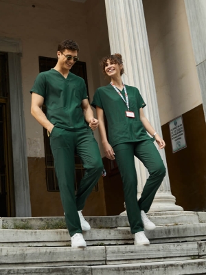 Avcı Yeşili Dr. Greys Doktor Hemşire Medikal Scrubs Takım Lüks Likralı Kumaş