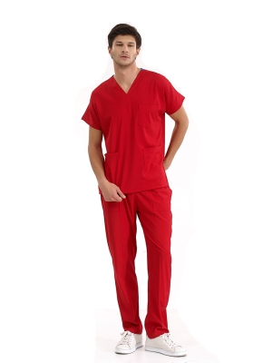 Kırmızı Dr. Greys Doktor Hemşire Medikal Scrubs Takım Lüks Likralı Kumaş