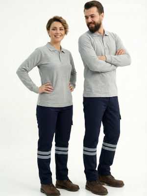 Gri Melanj Polo Yaka Uzun Kol İş Sweatshirtü Penye Lacoste Kumaş