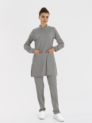 Neutral Gray Tesettür Hakim Yaka Doktor Hemşire Medikal Scrubs Takım Lüks Likralı Kumaş