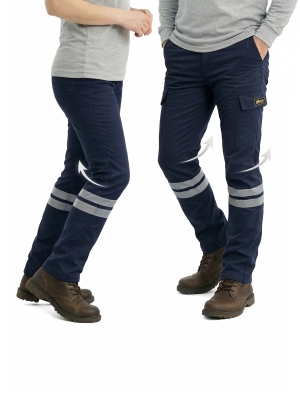 Lacivert Likralı 16/12 Gabardin Kumaş İş Pantolonu-3cm Çift Sıra Reflektörlü