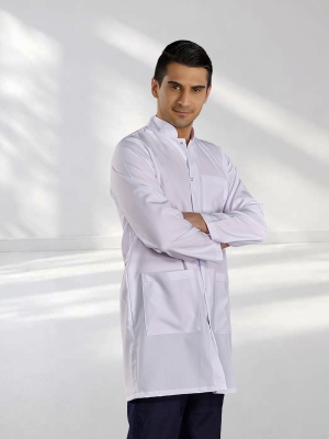 White Mandarin Collar Men's Lab Coat Alpaca Fabric