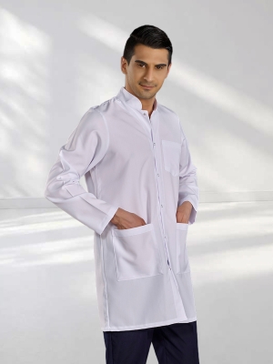 White Mandarin Collar Men's Lab Coat Alpaca Fabric