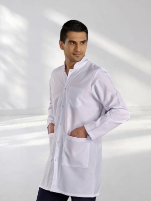 White Mandarin Collar Men's Lab Coat Alpaca Fabric