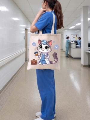 Sevimli Doktor Kedi Baskılı Bez Çanta Orta Boy - Krem