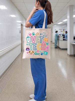 Vet Tech Baskılı Bez Çanta Orta Boy - Krem