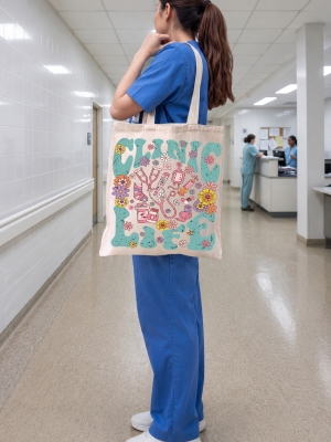 Clinic Life Baskılı Bez Çanta Orta Boy - Krem