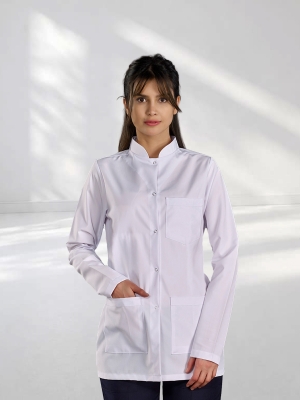 White Mandarin Collar Women's Lab Coat Alpaca Fabric