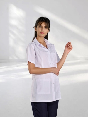 White Classic Collar Women's Short Sleeve Lab Coat Alpaca Fabric
