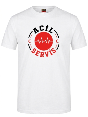 Acil Servis Sağlık Baskılı Kısa Kol Beyaz Tişört (%100 Pamuk Penye Kumaş)