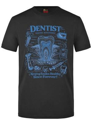 Vintage Diş Anatomisi Baskılı Kısa Kol Siyah Tişört (%100 Pamuk Penye Kumaş)
