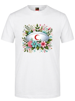 Botanik Hemşire Kep Baskılı Kısa Kol Beyaz Tişört (%100 Pamuk Penye Kumaş)