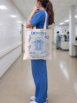 Vintage Tooth Anatomy Printed Canvas Tote Bag, Medium Size – Cream