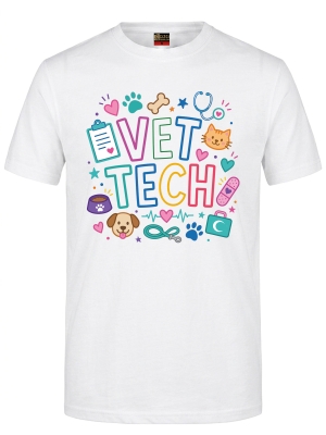 Vet Tech Baskılı Kısa Kol Beyaz Tişört (%100 Pamuk Penye Kumaş)