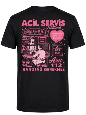 Acil Servis Kafe Baskılı Kısa Kol Siyah Tişört (%100 Pamuk Penye Kumaş)