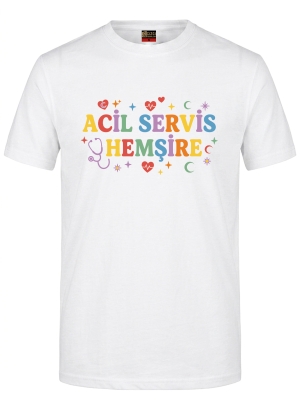 Acil Servis Hemşire Baskılı Kısa Kol Beyaz Tişört (%100 Pamuk Penye Kumaş)