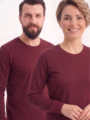 Bordo %100 Pamuk Penye Yuvarlak Yaka T-shirt Uzun Kol