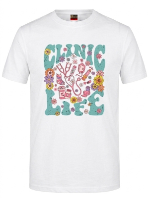 Clinic Life Baskılı Kısa Kol Beyaz Tişört (%100 Pamuk Penye Kumaş)