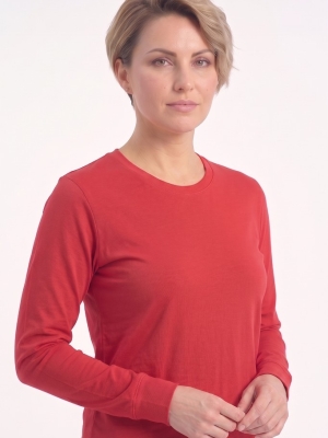 Kırmızı %100 Pamuk Penye Yuvarlak Yaka T-shirt Uzun Kol