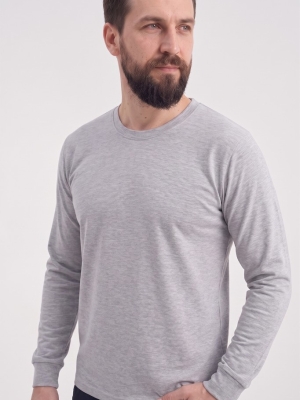 Gri Melanj %100 Pamuk Penye Yuvarlak Yaka T-shirt Uzun Kol