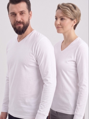 Beyaz %100 Pamuk Penye V Yaka T-shirt Uzun Kol