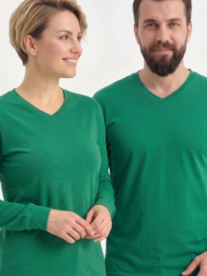 Brezilya Yeşili %100 Pamuk Penye V Yaka T-shirt Uzun Kol