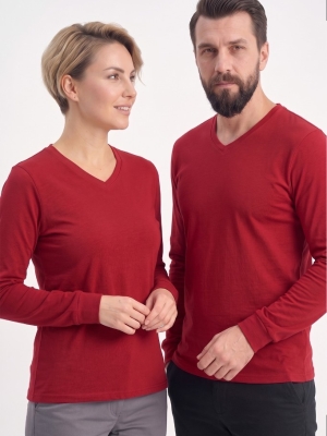 Kırmızı %100 Pamuk Penye V Yaka T-shirt Uzun Kol