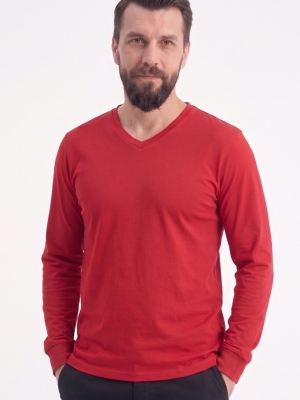 Kırmızı %100 Pamuk Penye V Yaka T-shirt Uzun Kol