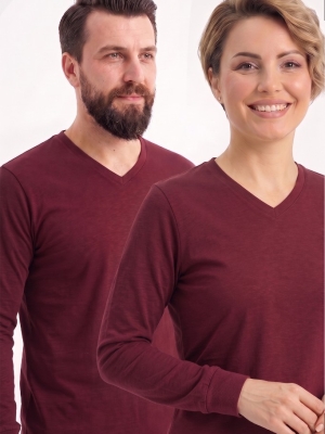 Bordo %100 Pamuk Penye V Yaka T-shirt Uzun Kol