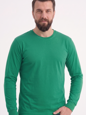 Brezilya Yeşili %100 Pamuk Penye Yuvarlak Yaka T-shirt Uzun Kol
