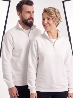 Beyaz Dik Yaka Yarım Fermuarlı İş Sweatshirt 3 İplik