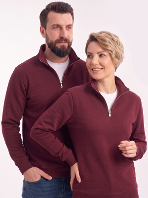 Bordo Dik Yaka Yarım Fermuarlı İş Sweatshirt 3 İplik