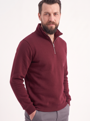 Bordo Dik Yaka Yarım Fermuarlı İş Sweatshirt 3 İplik