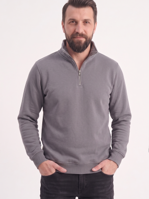 Grey Stand Collar Half-Zip Work Sweatshirt 3-Thread