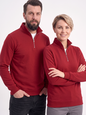 Kırmızı Dik Yaka Yarım Fermuarlı İş Sweatshirt 3 İplik Şardonlu