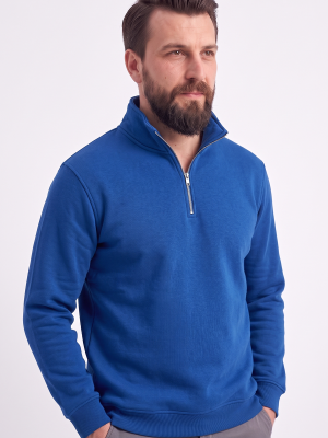Saks Mavisi Dik Yaka Yarım Fermuarlı İş Sweatshirt 3 İplik