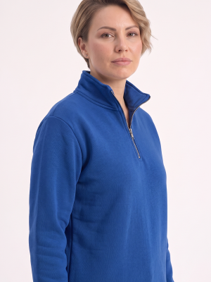Saks Mavisi Dik Yaka Yarım Fermuarlı İş Sweatshirt 3 İplik Şardonlu