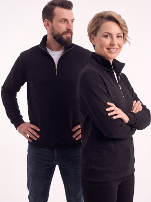 Siyah Dik Yaka Yarım Fermuarlı İş Sweatshirt 3 İplik