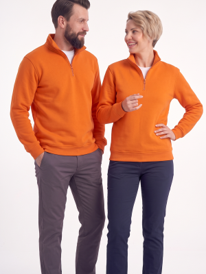 Turuncu Dik Yaka Yarım Fermuarlı İş Sweatshirt 3 İplik