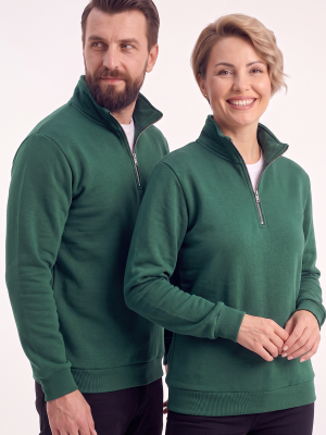 Avcı Yeşili Dik Yaka Yarım Fermuarlı İş Sweatshirt 3 İplik