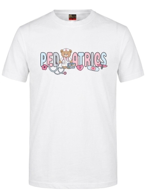 Pediatri Ayıcığı Baskılı Kısa Kol Beyaz Tişört (%100 Pamuk Penye Kumaş)