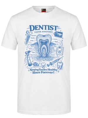 Vintage Diş Anatomisi Baskılı Kısa Kol Beyaz Tişört (%100 Pamuk Penye Kumaş)